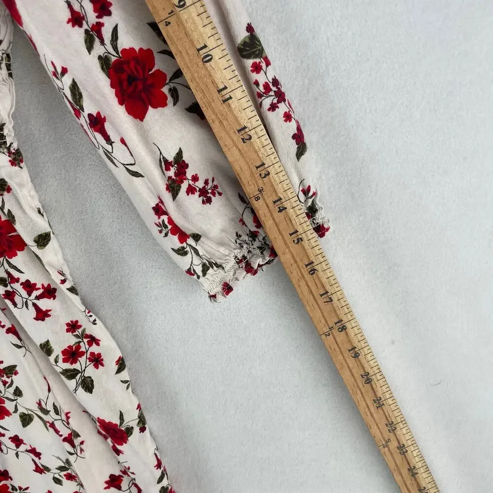 Old Navy Girls Smocked Floral Fit & Flare Dress XL 14-16 Cream Red Long Sleeve